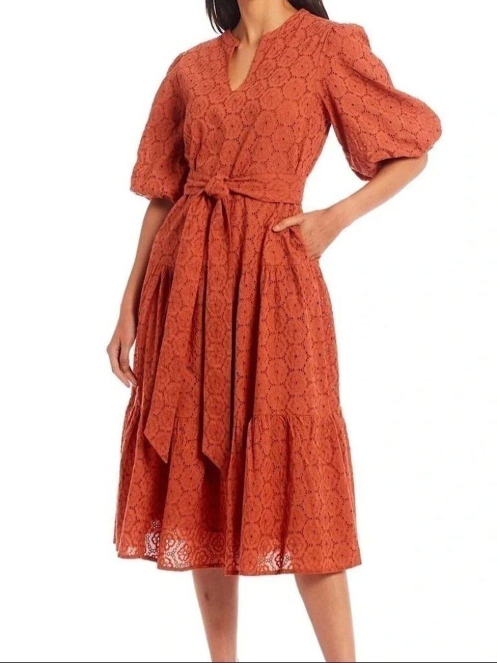 Roller Rabit Roller Rabbit Valonia Cotton Embroidered Eyelet Midi Dress in Terra